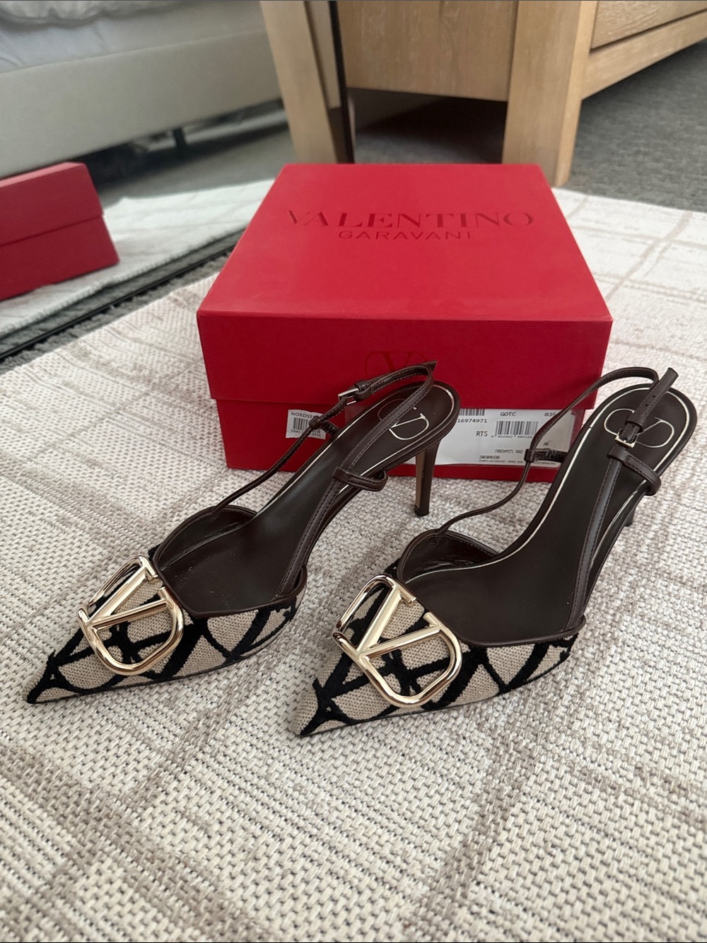 Valentino Black & Cream Logo Slingback Heels with Gold Buckle